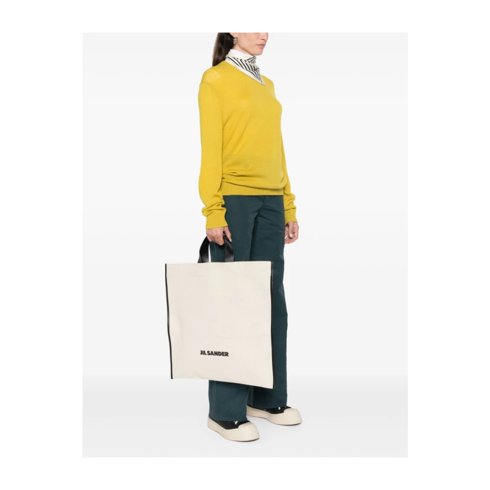 Jil Sander Canvas Leren Tote Tas Zwart White Dames