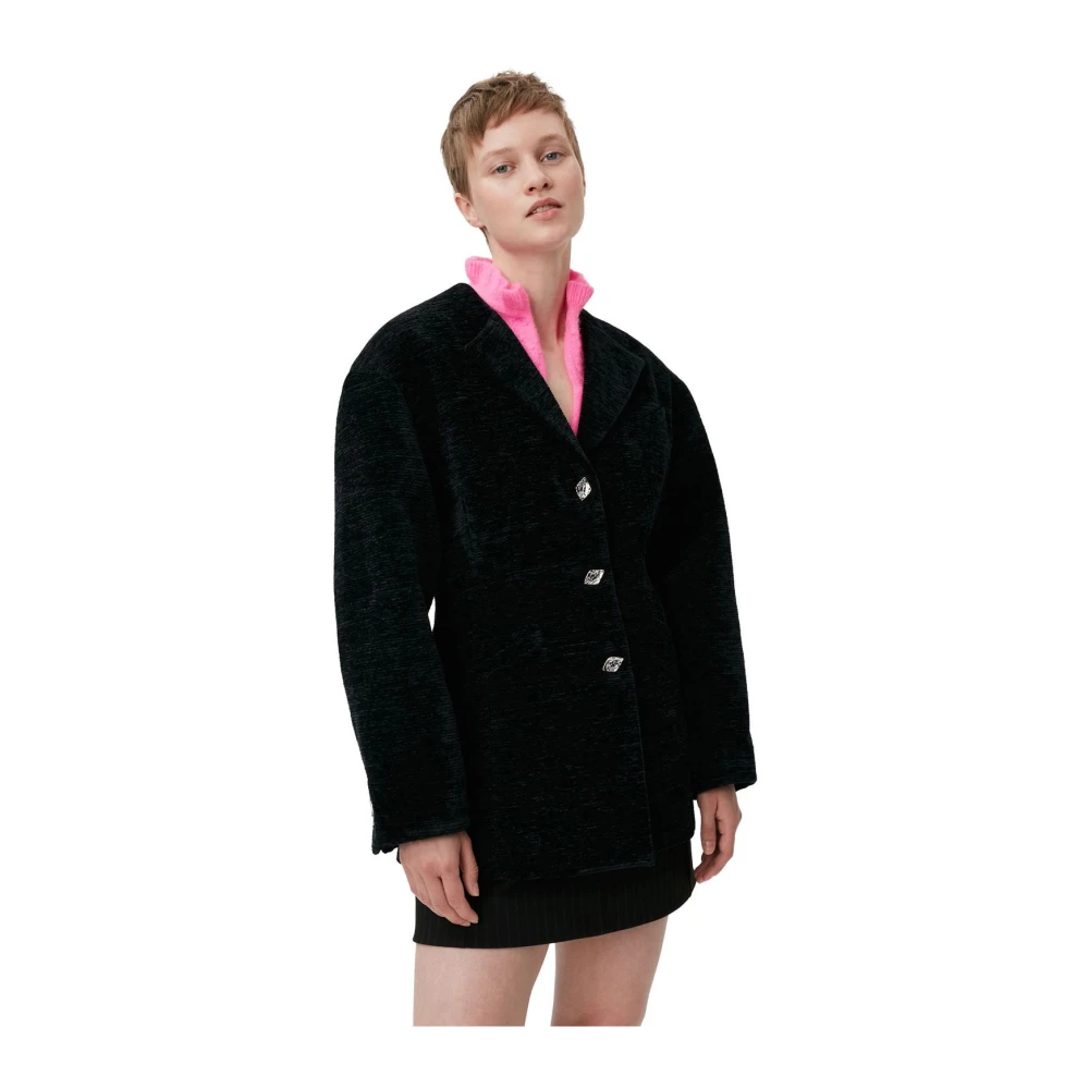 Ganni Chenille V-Neck Blazer Black Dames