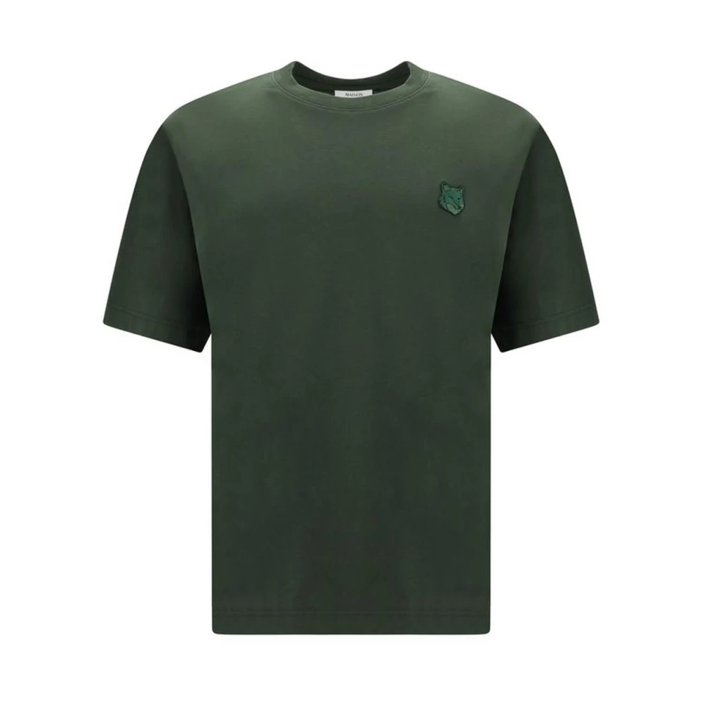 Maison Kitsuné Monokrom Bomull T-shirt med Ribbad Crew Neck Green, Herr