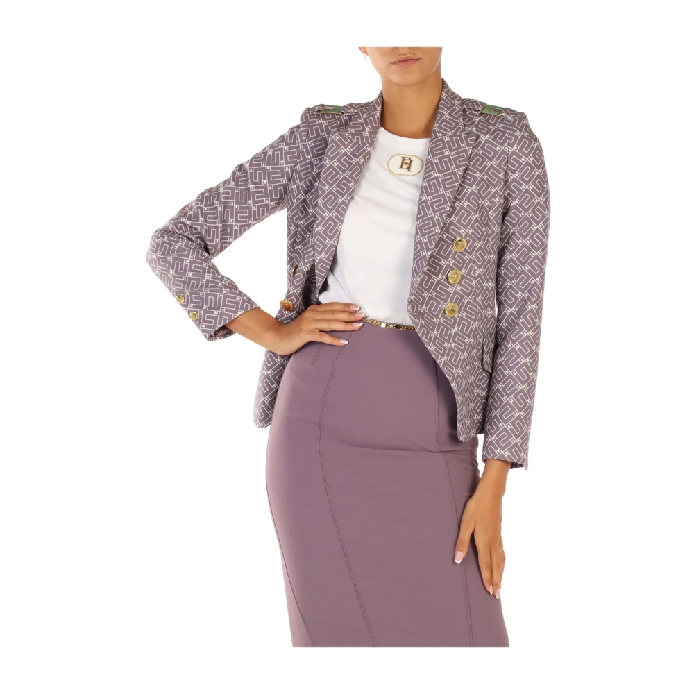 Elisabetta Franchi Elegante dubbelrijige jas met logo print Purple Dames