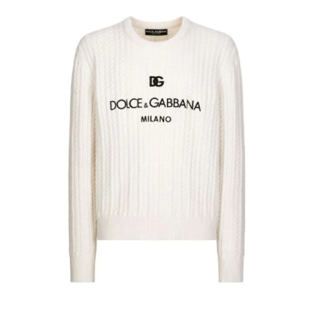 Dolce & Gabbana Men's White Crew Neck Embroidered Logo Sweater
