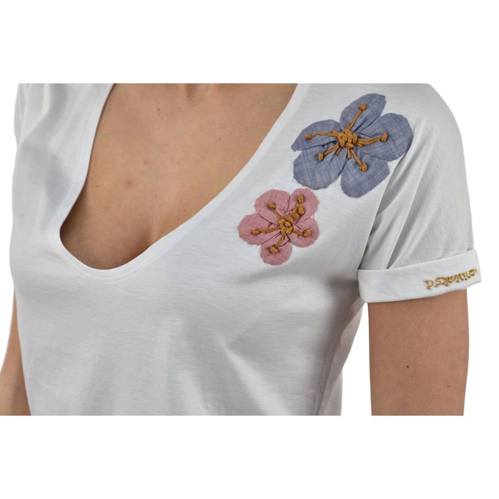 Dsquared2 Logo Katoenen T-Shirt met Bloemendetail White Dames