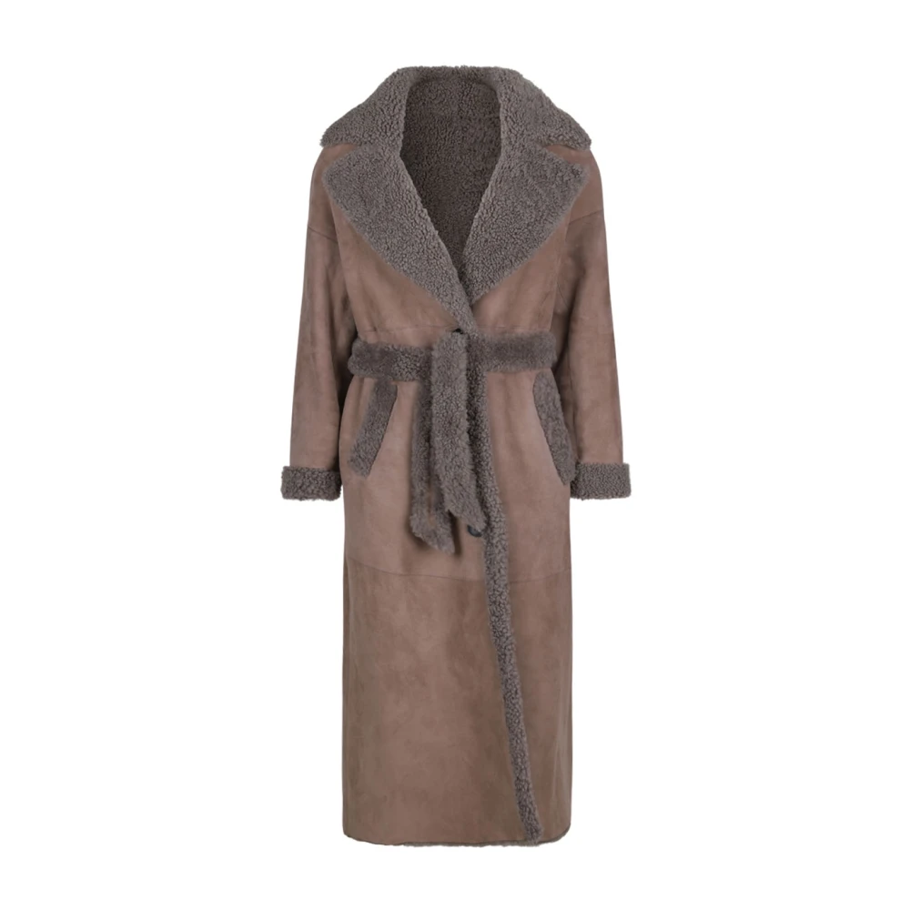 Suprema Bruine Schapenvacht Lange Jas met Riem Gray Dames