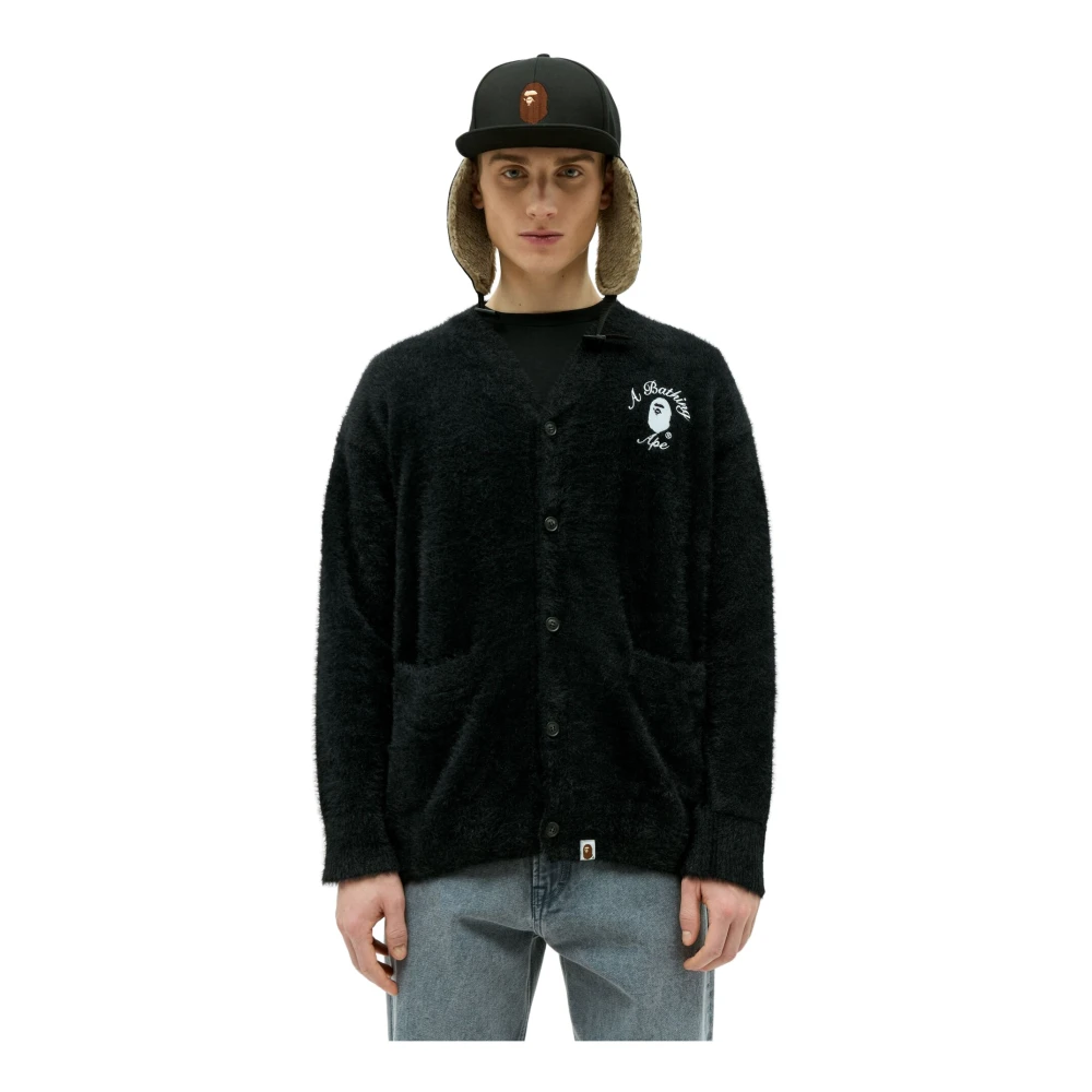 A Bathing APE Logo Broderi Shaggy-Stickad Kofta Black, Herr