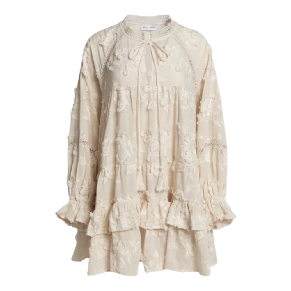 Weili Zheng Beige Short Dresses, Female, M, Short Apron Dress In Embroidered Muslin