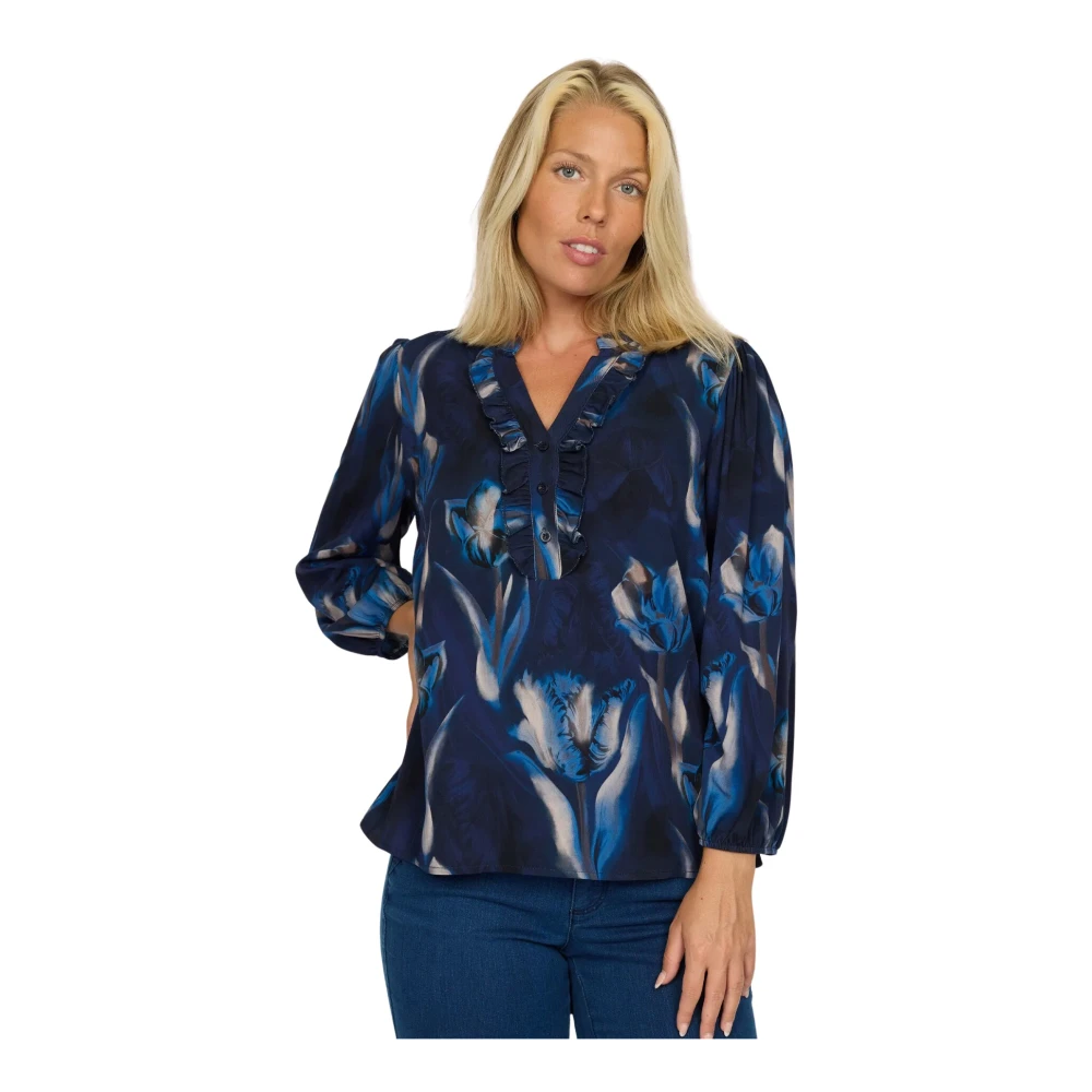 2-Biz Blauwe Tulp Blouse met ¾ Mouwen Blue Dames