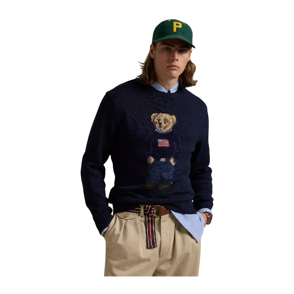Ami Paris Polo Bear Geborduurde Pullover Sweater Blue Heren