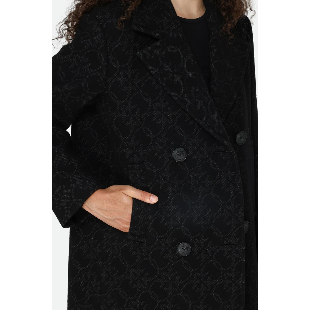pinko Korte Zwarte Double-Breasted Jas met Logoprint Black Dames