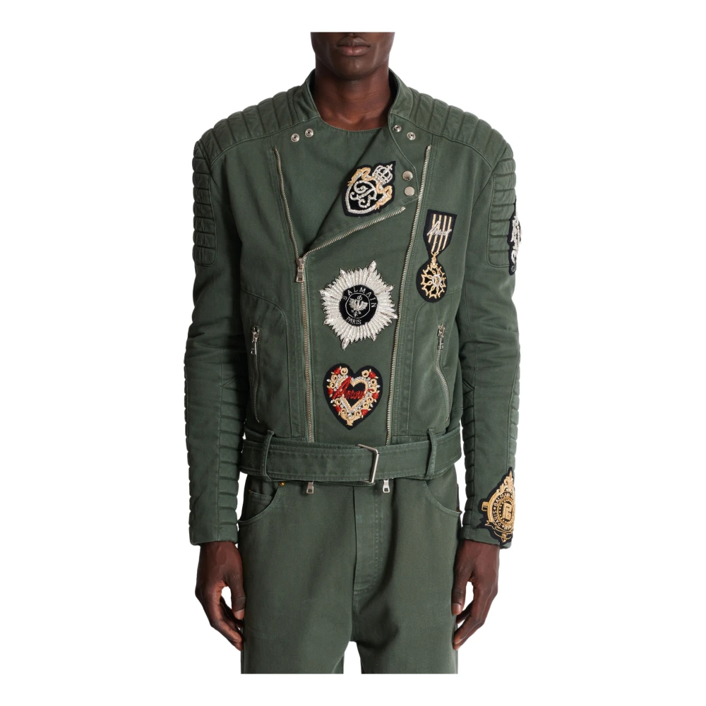 Balmain Denim Biker Jacket met Geborduurde Patches Green Heren