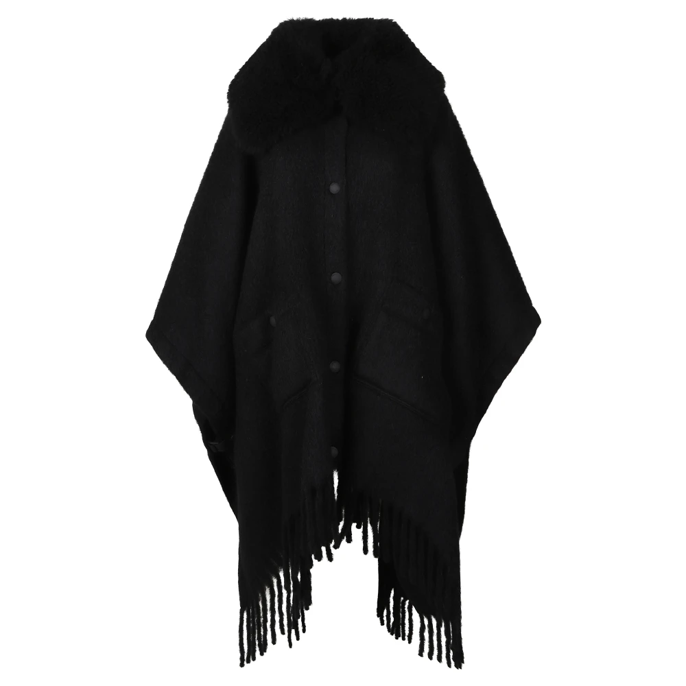 Moncler , Ponchos, Female, Black, One Size, Shearling Collar Mohair, Alpaca & Wool Blend Cape - Image 3