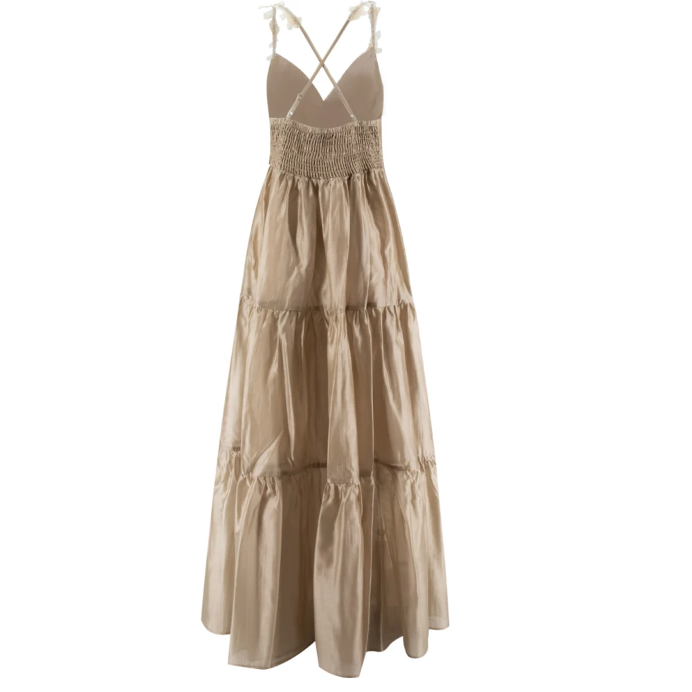 Ermanno Scervino Bloemen Kant Lange Jurk met Volant Beige Dames
