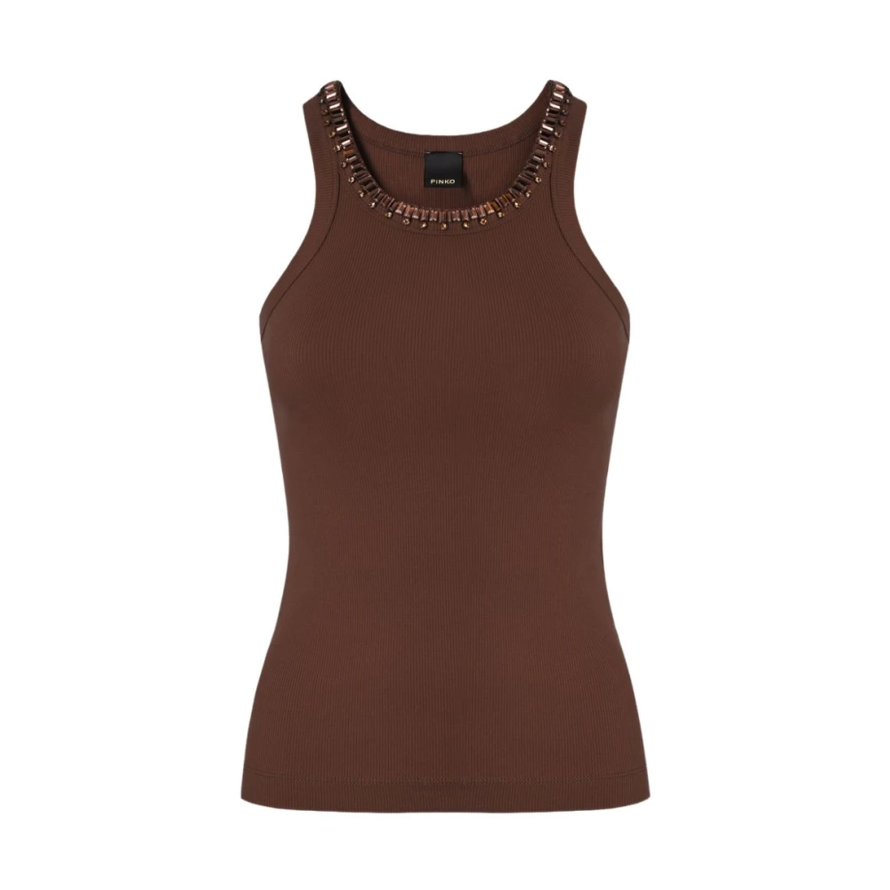 Pinko Women's Brown Ribbed Scoop Neck Sleeveless Top