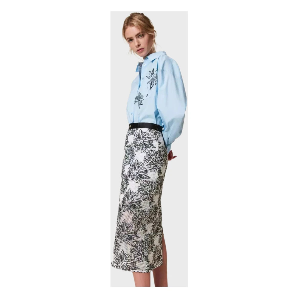 Twinset Witte Bloemen Geborduurde Katoenen Rok Black Dames