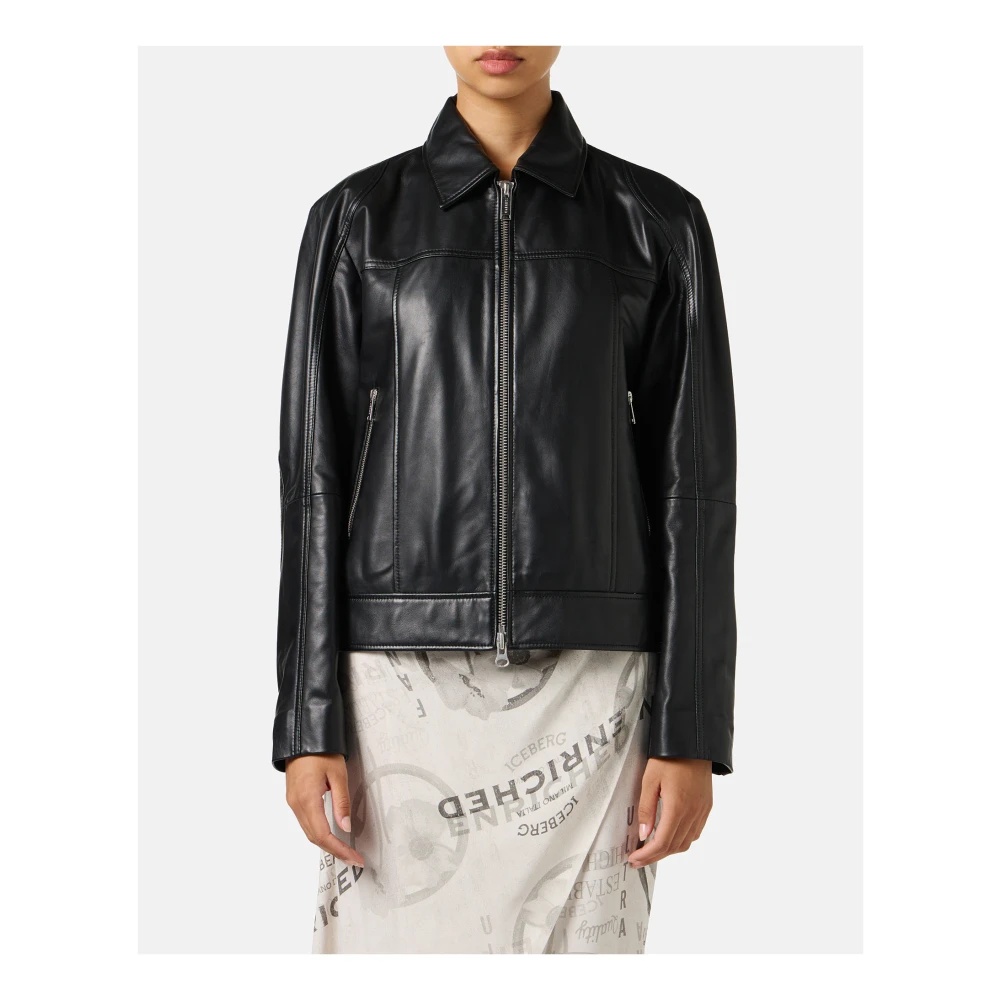 Iceberg Zwarte leren jas met biker details Milano Italia logo Black Dames
