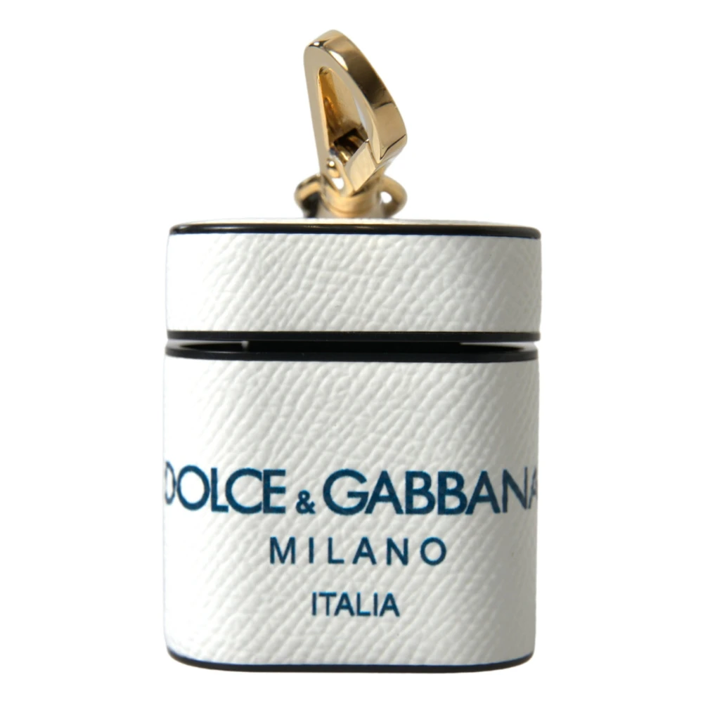 Dolce & Gabbana White Blue Leather Logo Print Airpods Case - Female - Headphones - White - One Size - Accessories