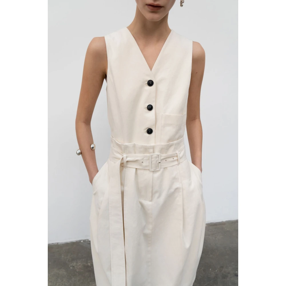 LOW Classic Chique Geriemde Katoenen Midi Jurk Beige Dames