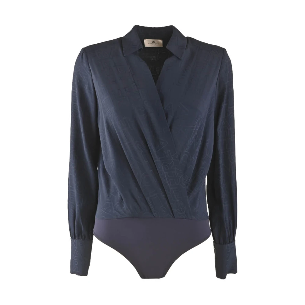 Elisabetta Franchi Georgette Jacquard Crossed Neck Blouse Blue Dames