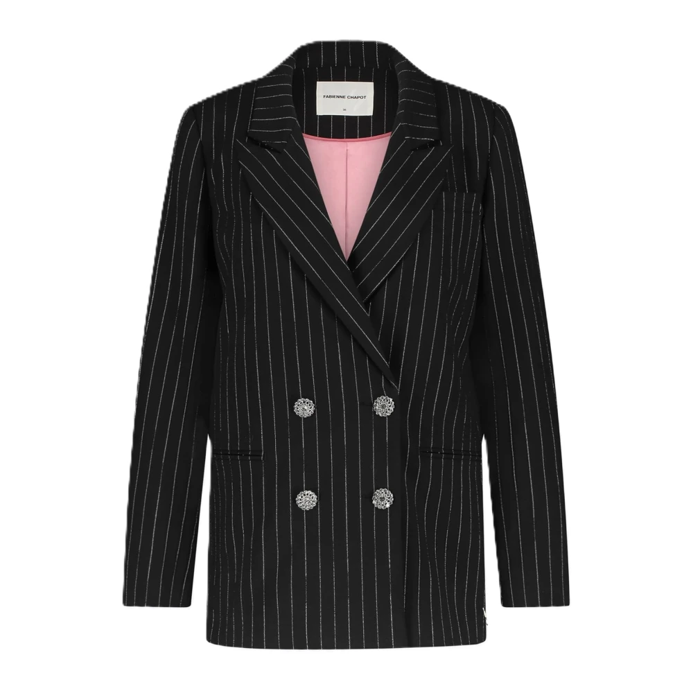 Fabienne Chapot Glitter Pinstripe Double-Breasted Blazer Gray, Dam