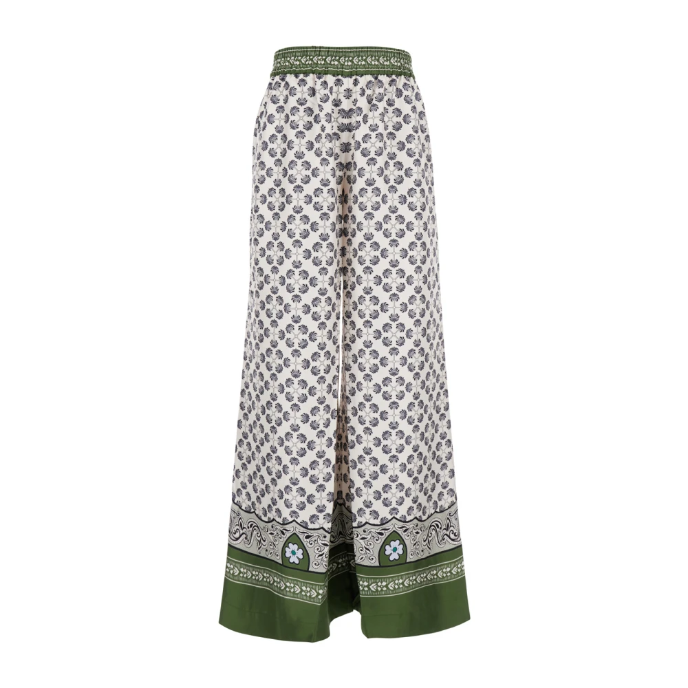 La DoubleJ Groene Wijde Zijden Broek met Grafische Print Green Dames