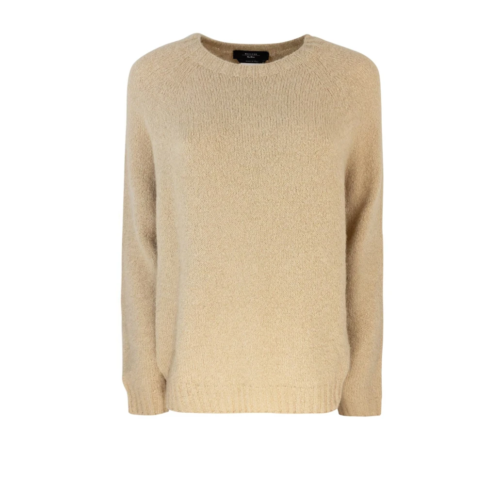 Max Mara Alpaca Gebreide Trui Geribbelde Kraag Manchetten Beige Dames