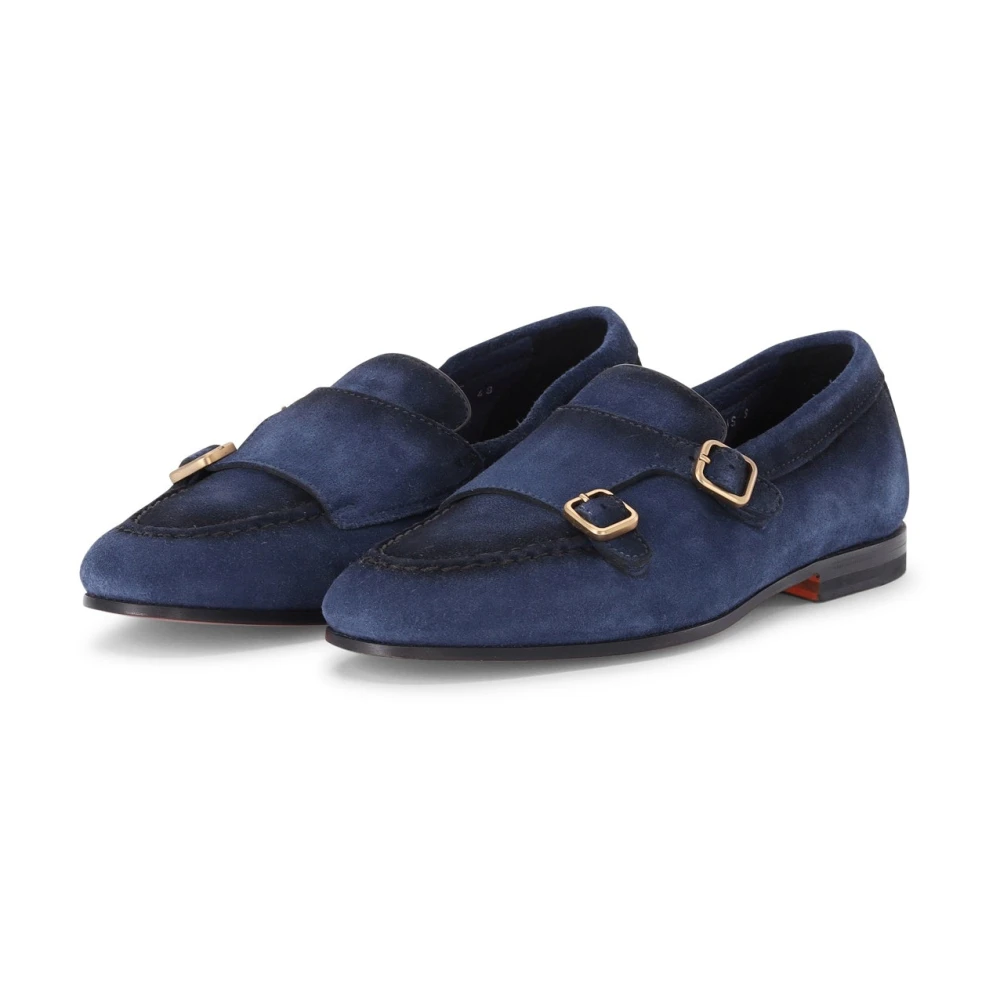 Santoni Men's Blue Velvet Double Monk Strap Shoes - Loafers - 10 1/2 Uk - Shoes