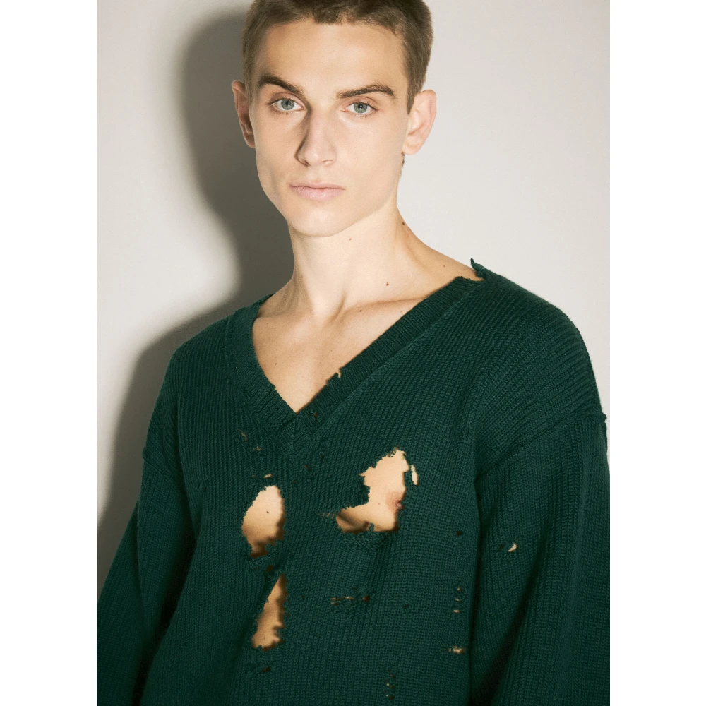 Vetements Vernielde Wollen Gebreide V-hals Trui Green Heren