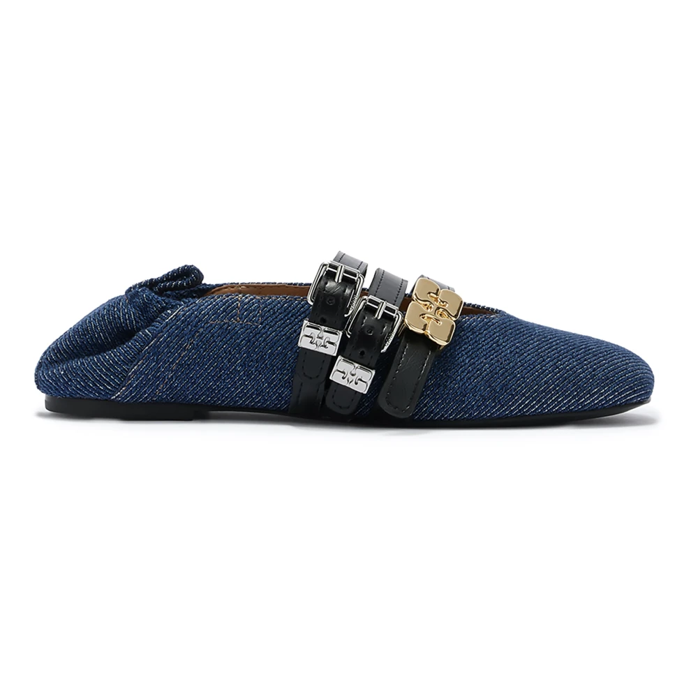 Ganni Sue Triple Ballerina Denim Fringed - Female - Ballerina Shoes - Blue - 7 Uk - Shoes