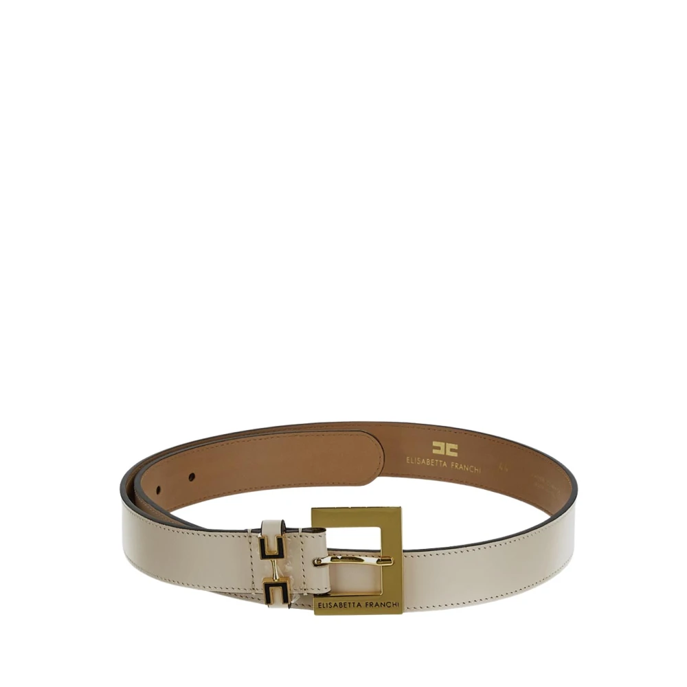 Elisabetta Franchi Crème Leren Riem met Gesp Logo Beige Dames