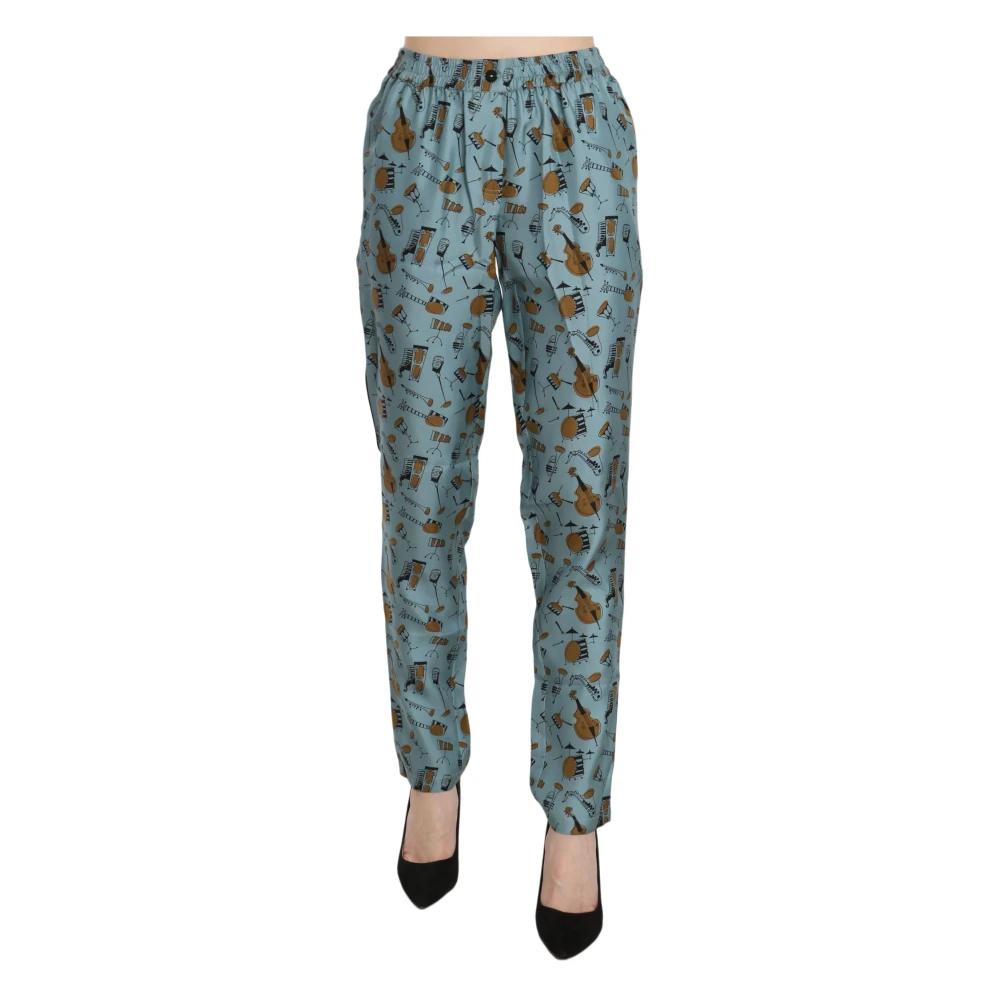 Dolce & Gabbana Vrouw Blauw Broeken Dames, 2XS, Hoge Taille Tapered Broek Print