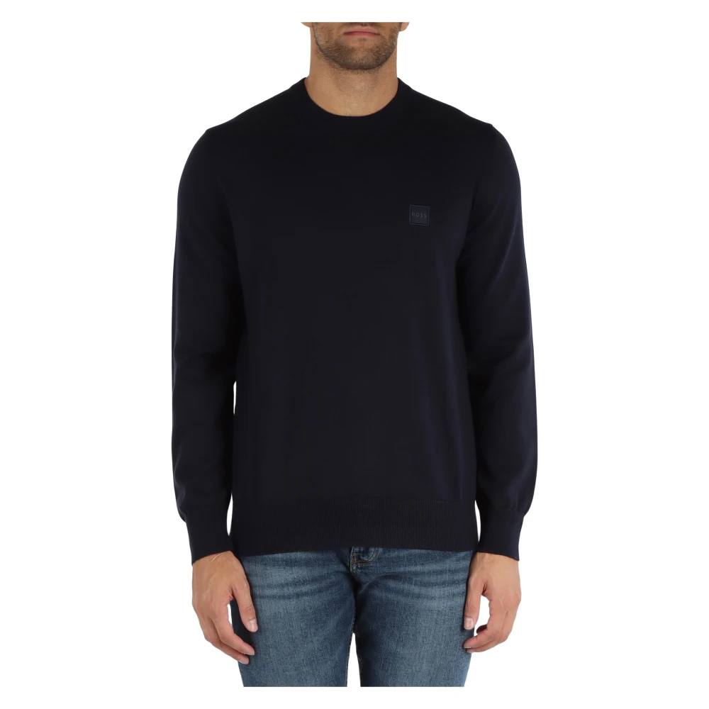 Boss Katoenen en kasjmier ronde hals trui met logopatch Blue Heren
