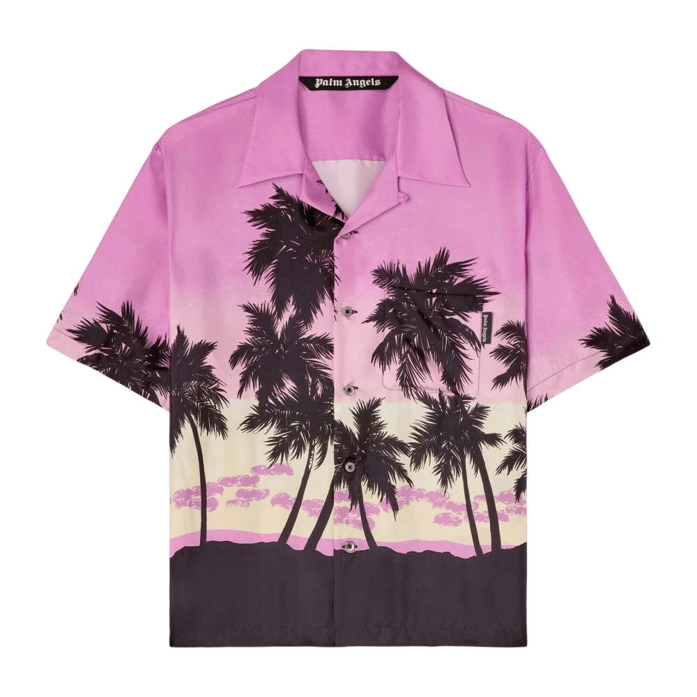 Palm Angels Korte Mouw Zijden Bowling Shirt Roze Sunset Grafische Print Multicolor Heren