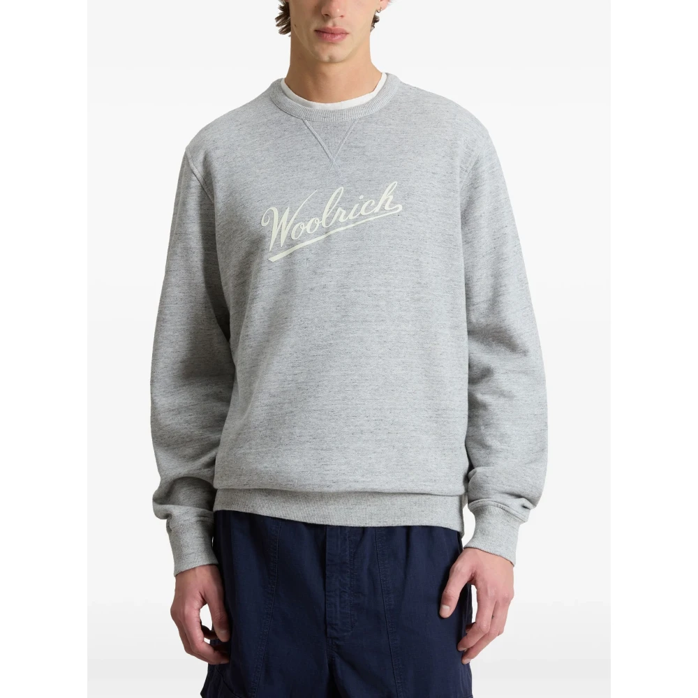 Woolrich Grijze Geribbelde Trui met Bedrukt Logo Gray Heren