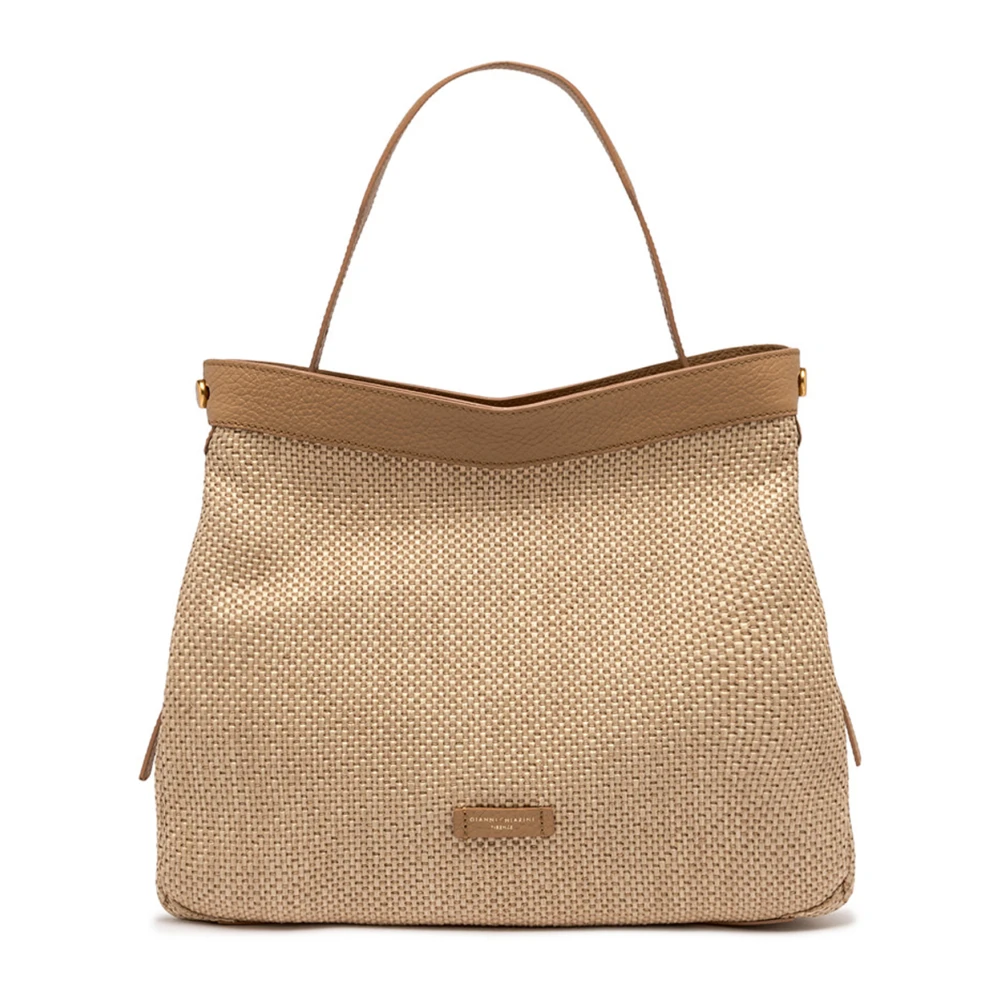 Beige Vevd Straw Crossbody Bag