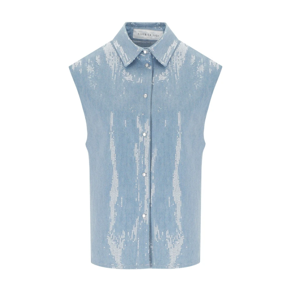 Federica Tosi Women's Blue Sequins Sleeveless Denim Shirt - Shirts - S - Blouses & Shirts