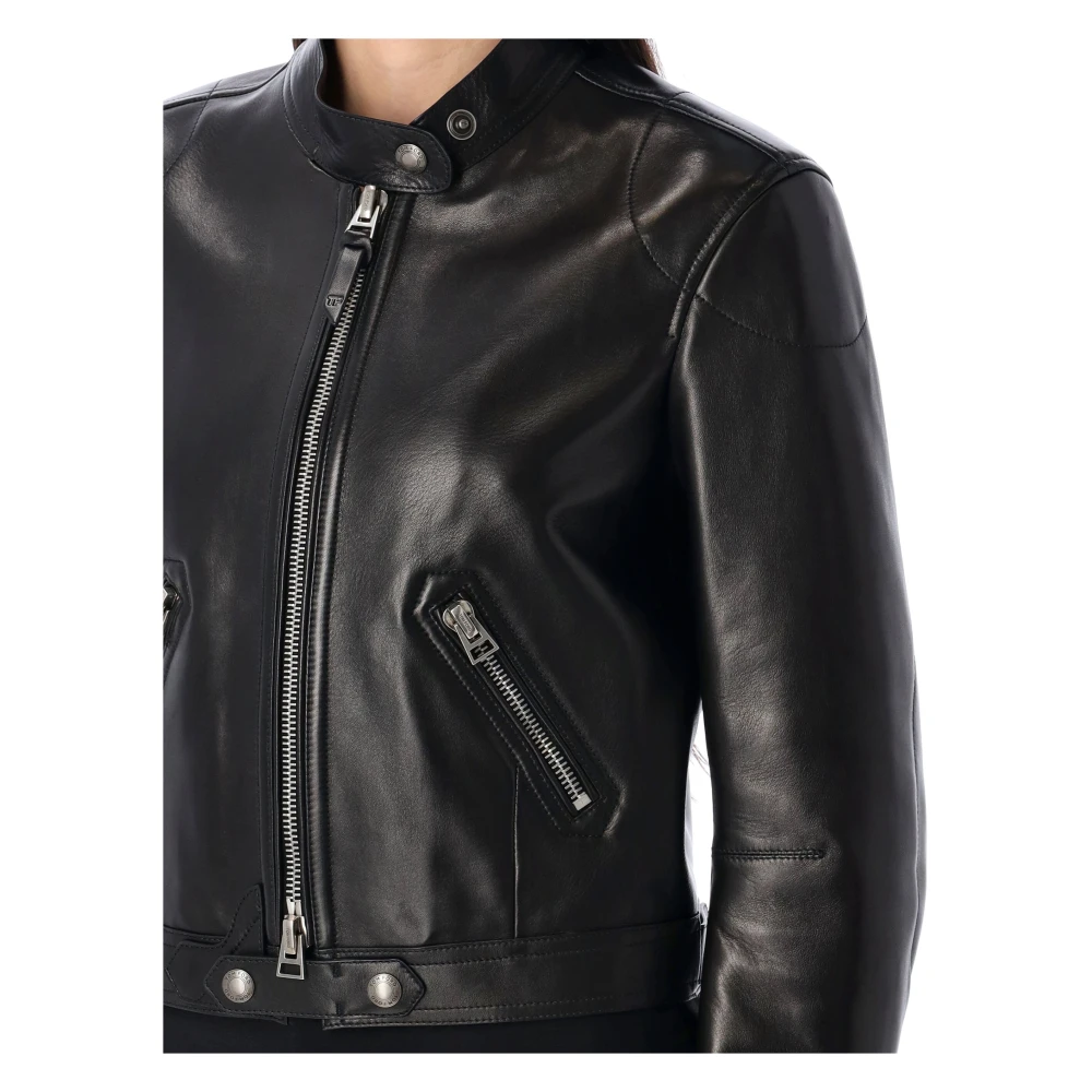 Tom Ford Zwarte leren racerjack bovenkleding Black Dames