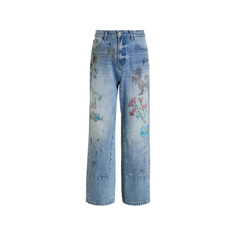 Found Mannelijk Blauw Jeans Heren, W32, Handgezeefdrukte Straight Leg Jeans