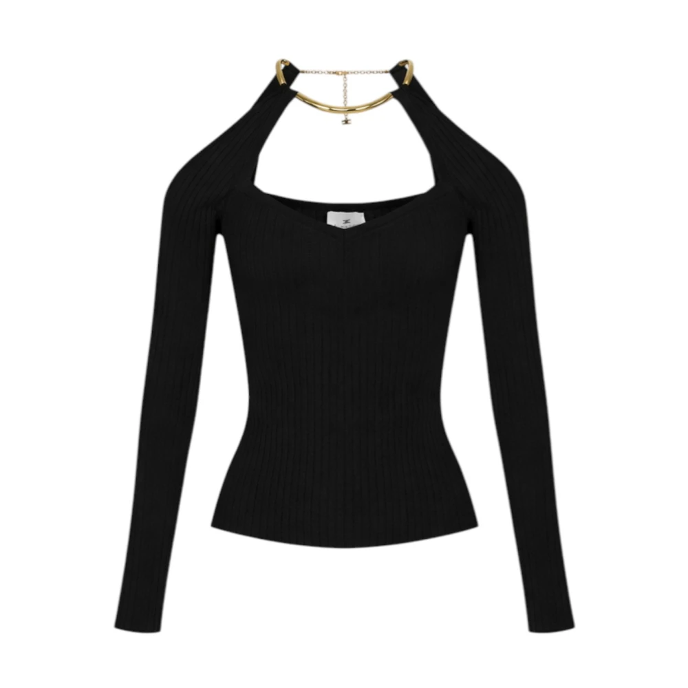 Elisabetta Franchi Women's Black Knit Top With Jewel Detail - Long Sleeve T-Shirts - S - Tops