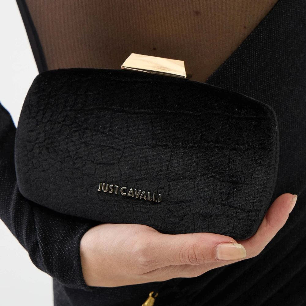 Just Cavalli Zwarte Fluwelen Clutch met Gouden Details Black Dames