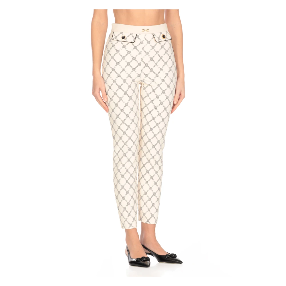 Elisabetta Franchi Ivoor Crêpe Broek met Logo Knopen Beige Dames
