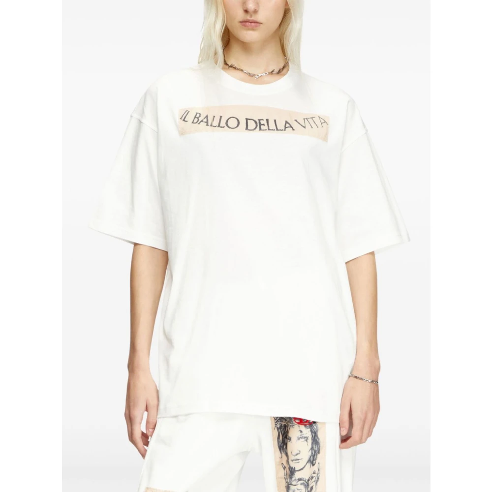 Diesel Wit Slogan Print Ronde Hals T-shirt Beige Heren