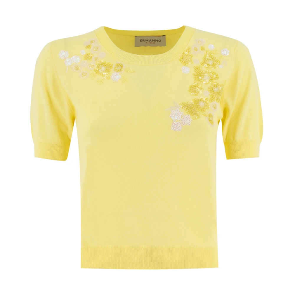 Ermanno Scervino Bloemen Paillet Crew Neck Sweater Yellow Dames