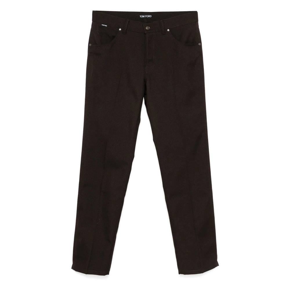 Tom Ford Wollen broek met leren logo Brown Heren