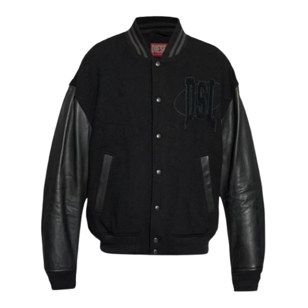 Diesel Leren Bomberjack met Drukknoopsluiting Black Heren
