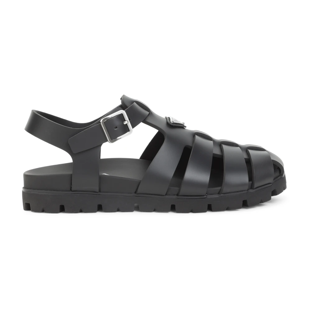 Prada Men's Black Flat Sandals, 7 Uk, Triangle Logo Sandal