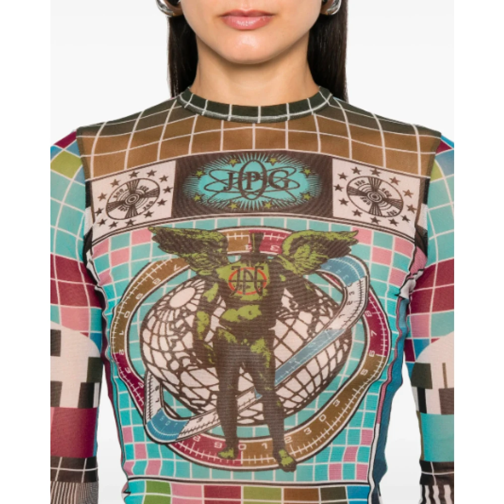 Jean Paul Gaultier Blauw Multicolor Gedrukt Mesh Top Multicolor Dames