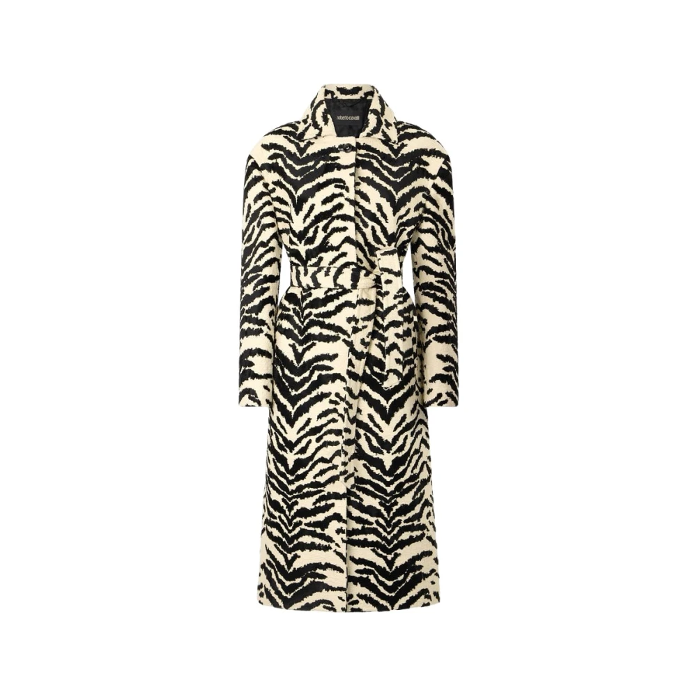 Roberto Cavalli Black Belted Coats, Female, S, Coat With White Tigress Print