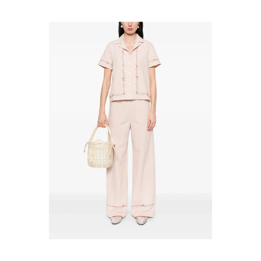 Maison Labiche Gingham Camp Kraag Korte Mouw Shirt Beige Dames