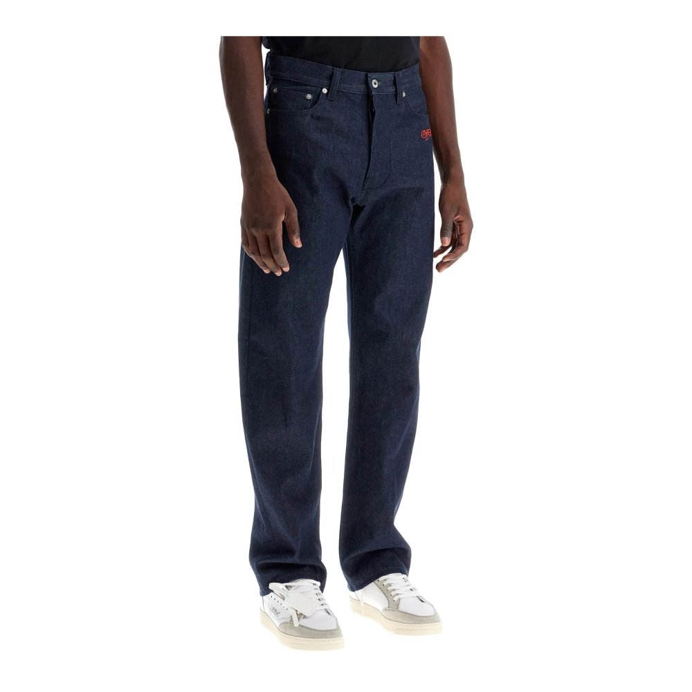 Off White Geborduurde Logo Jeans Rechte Pijp Blue Heren