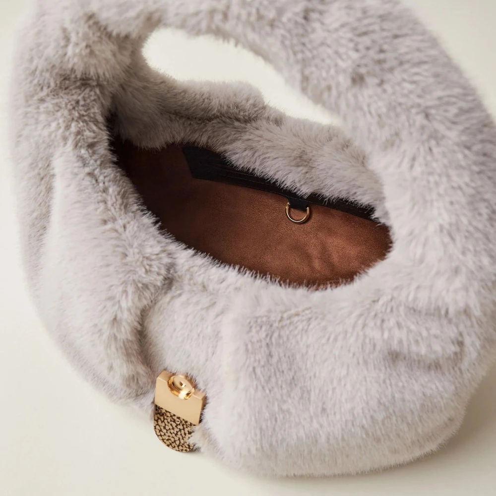 Borbonese Beige Hobo Tas met Bont-Effect Stof Beige Dames