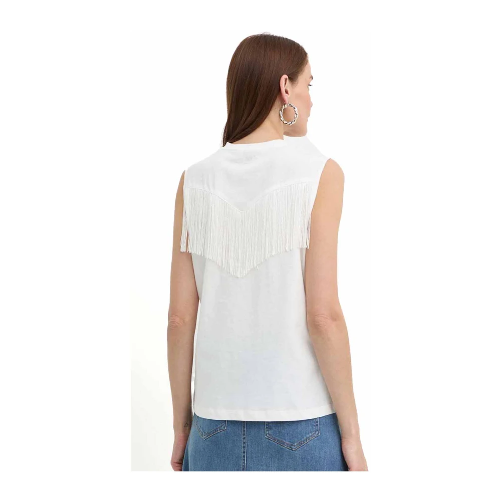 pinko Witte Mouwloze Katoenen T-shirt met Franje Detail White Dames
